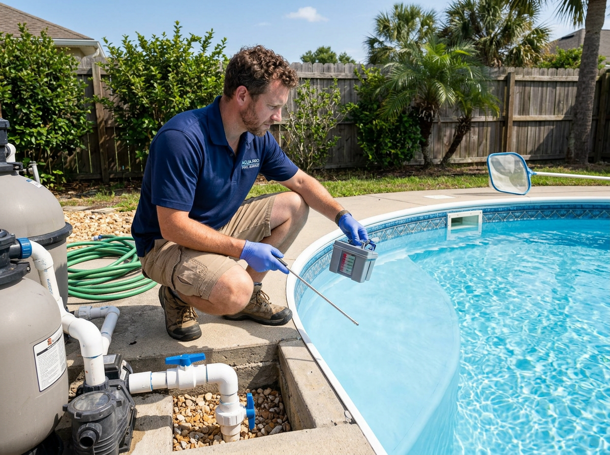 Technician measuring vinyl pool liner in St. Thomas
